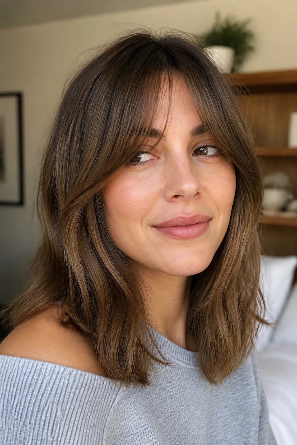 Portrait of a woman with long bangs and soft shoulder-length layers in natural light