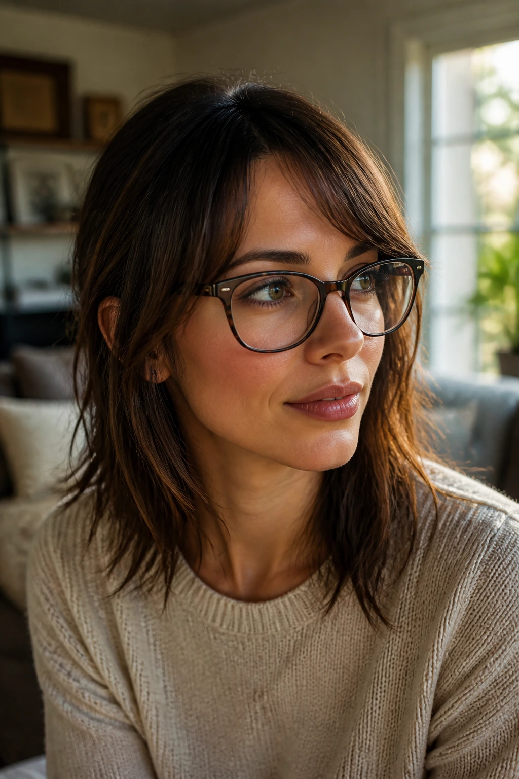 Close-up portrait of a real woman with grow-out bangs swept to the side