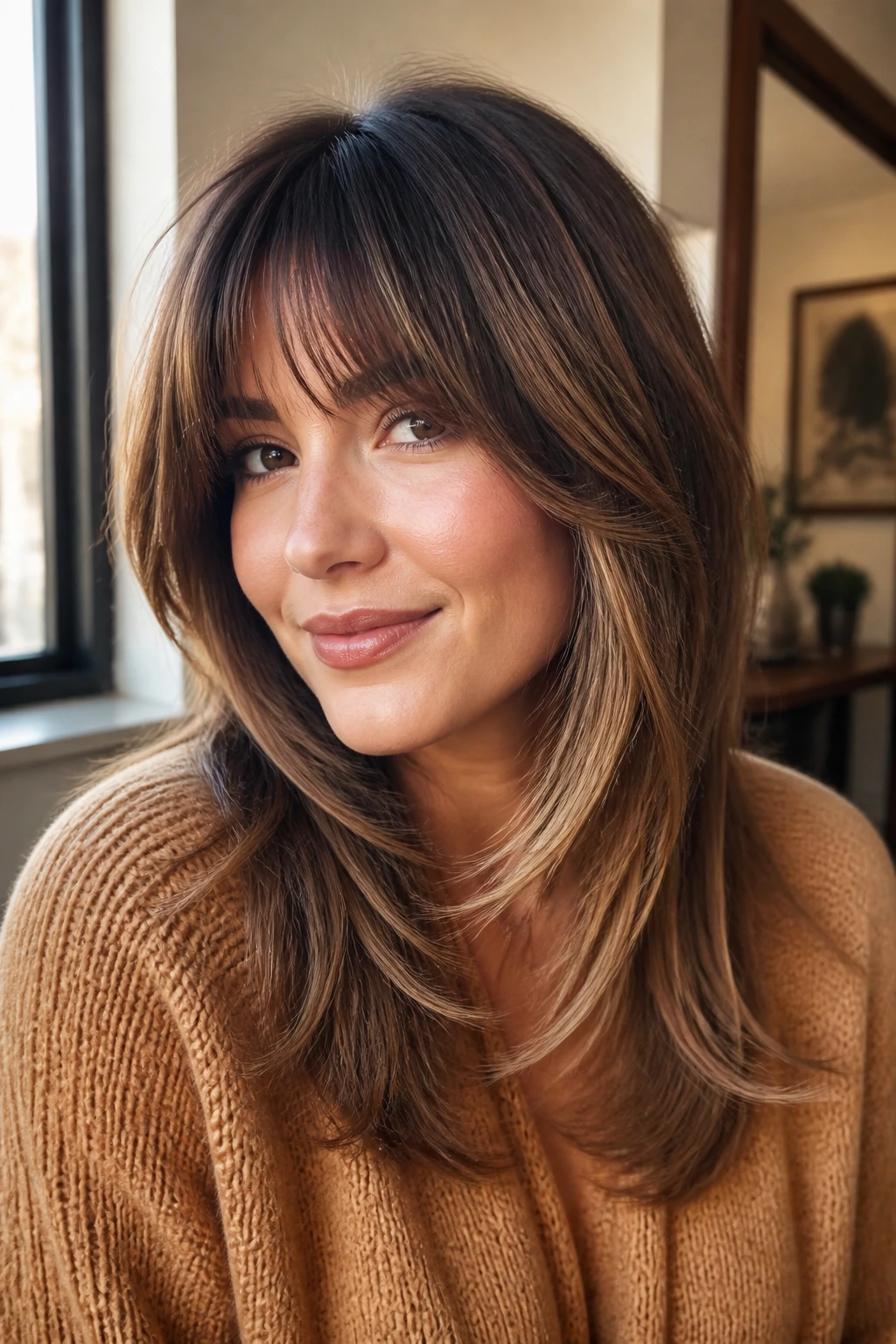 Portrait of a woman with a soft grow-out blend and cheekbone layers.