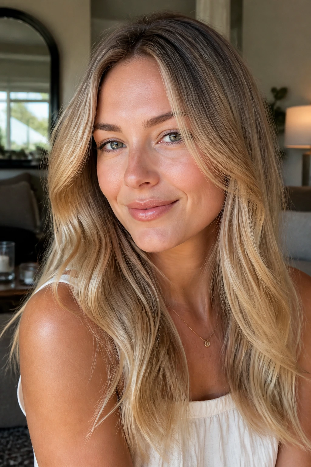 Portrait of a real woman with grow-out-friendly warm blonde in natural light
