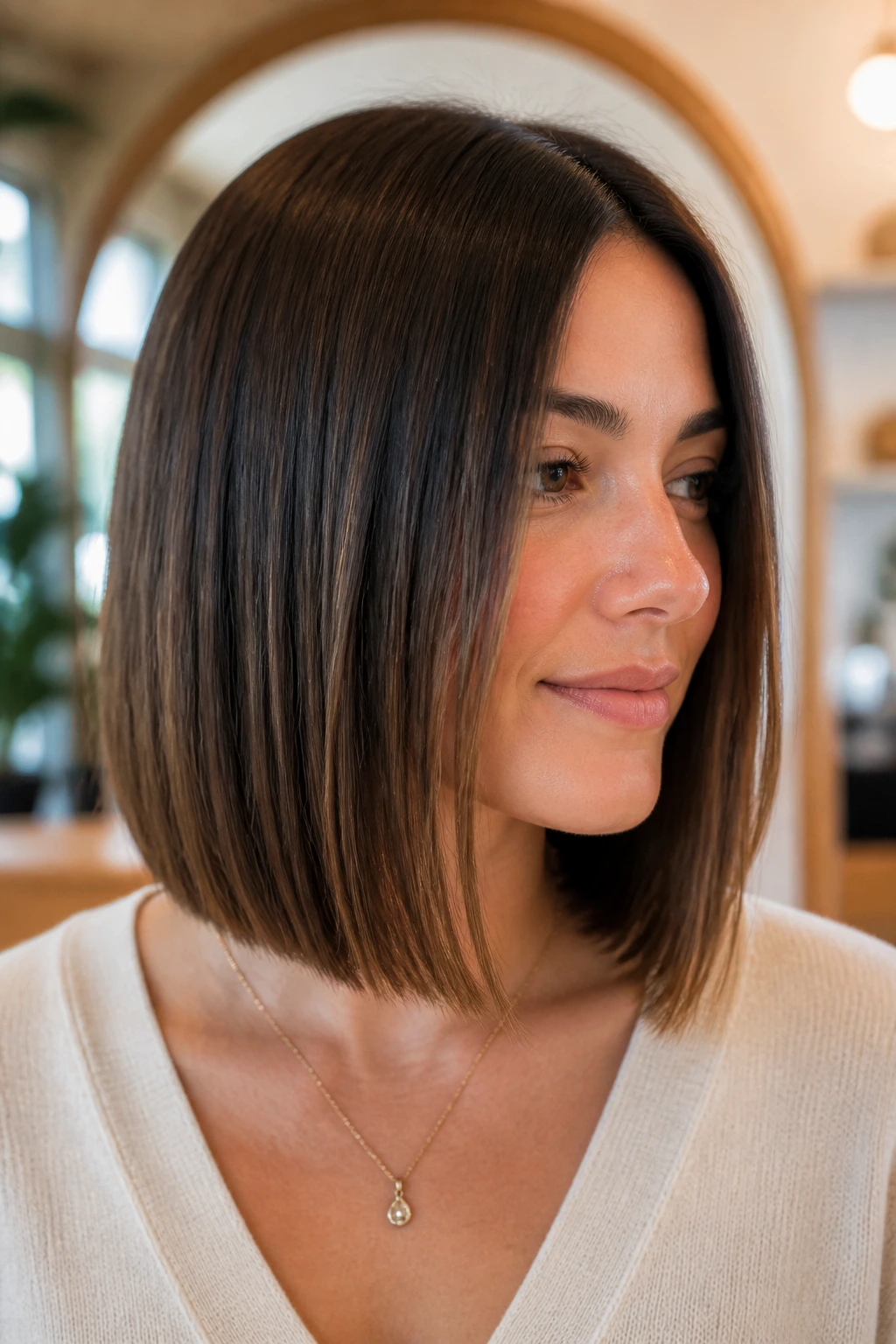 Portrait of a real person with a grow-out-friendly bob just above the shoulders.