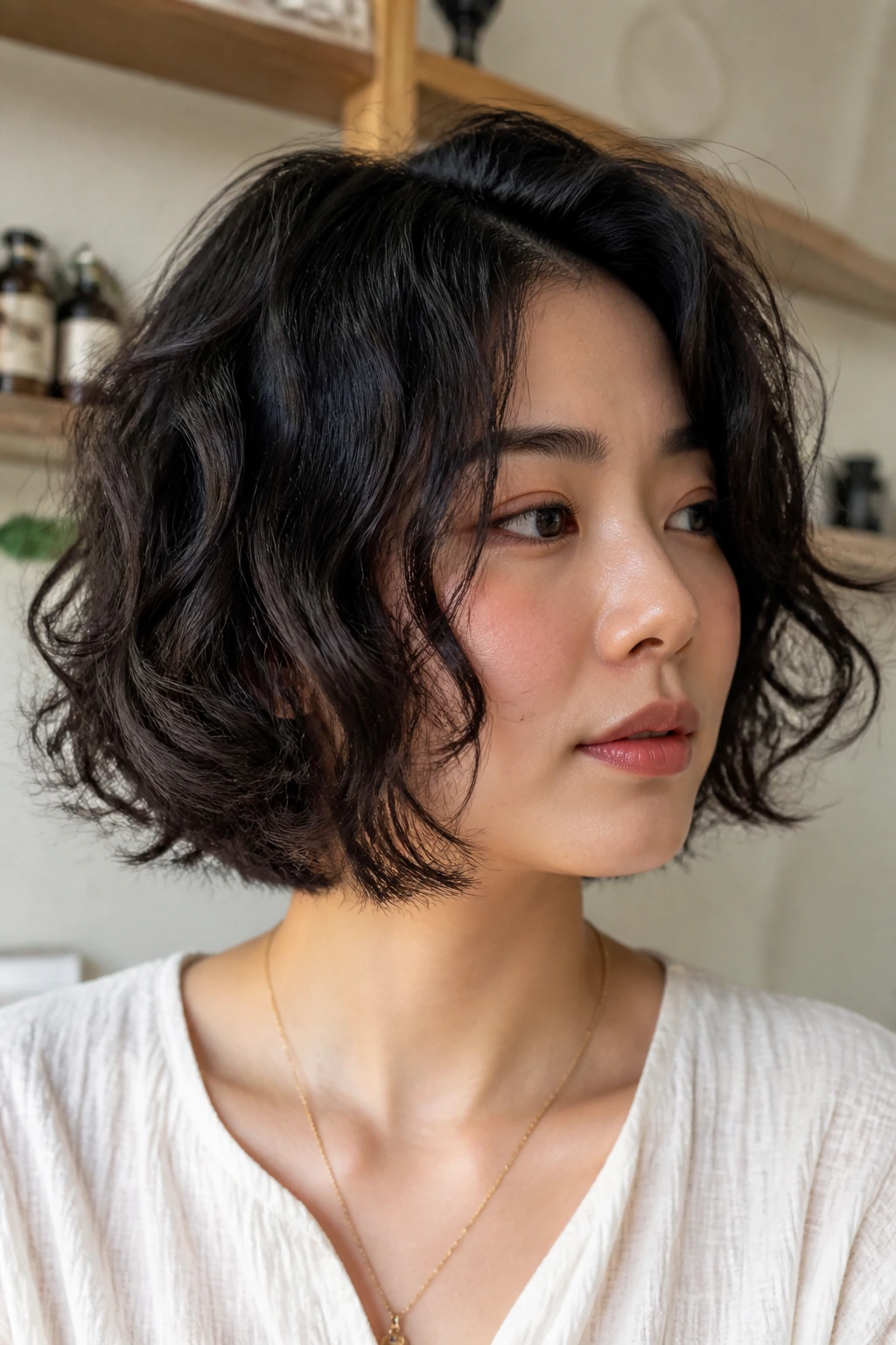 Portrait of a real woman with grow-out friendly bob below the jaw