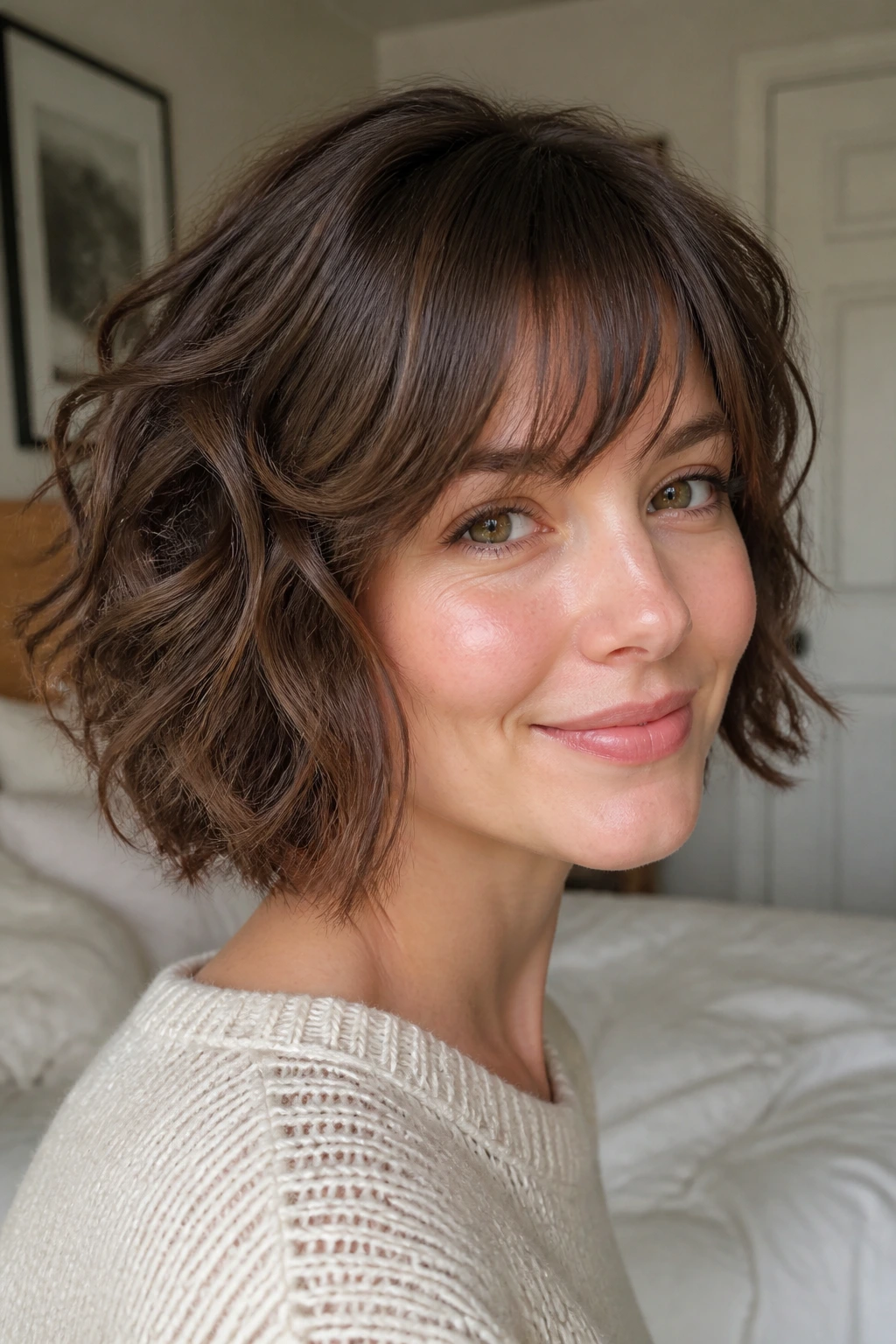Portrait of a real woman with a soft grow-out bob and blended bangs