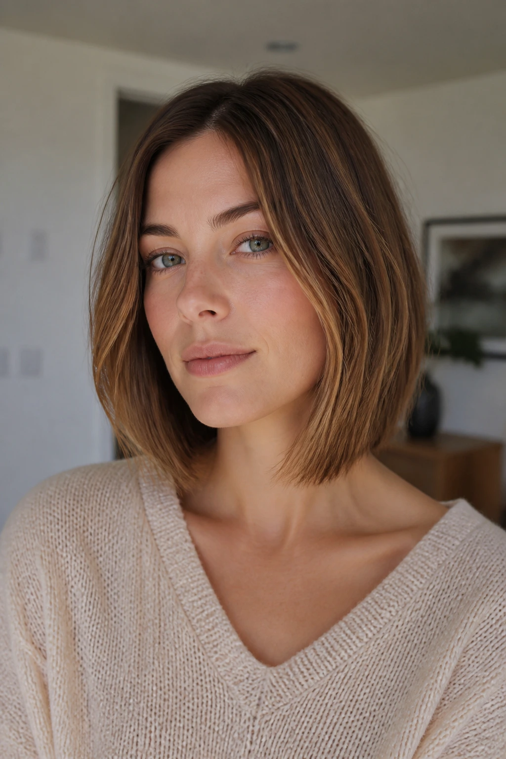Portrait of a person with chin-to-collarbone grow-out bob