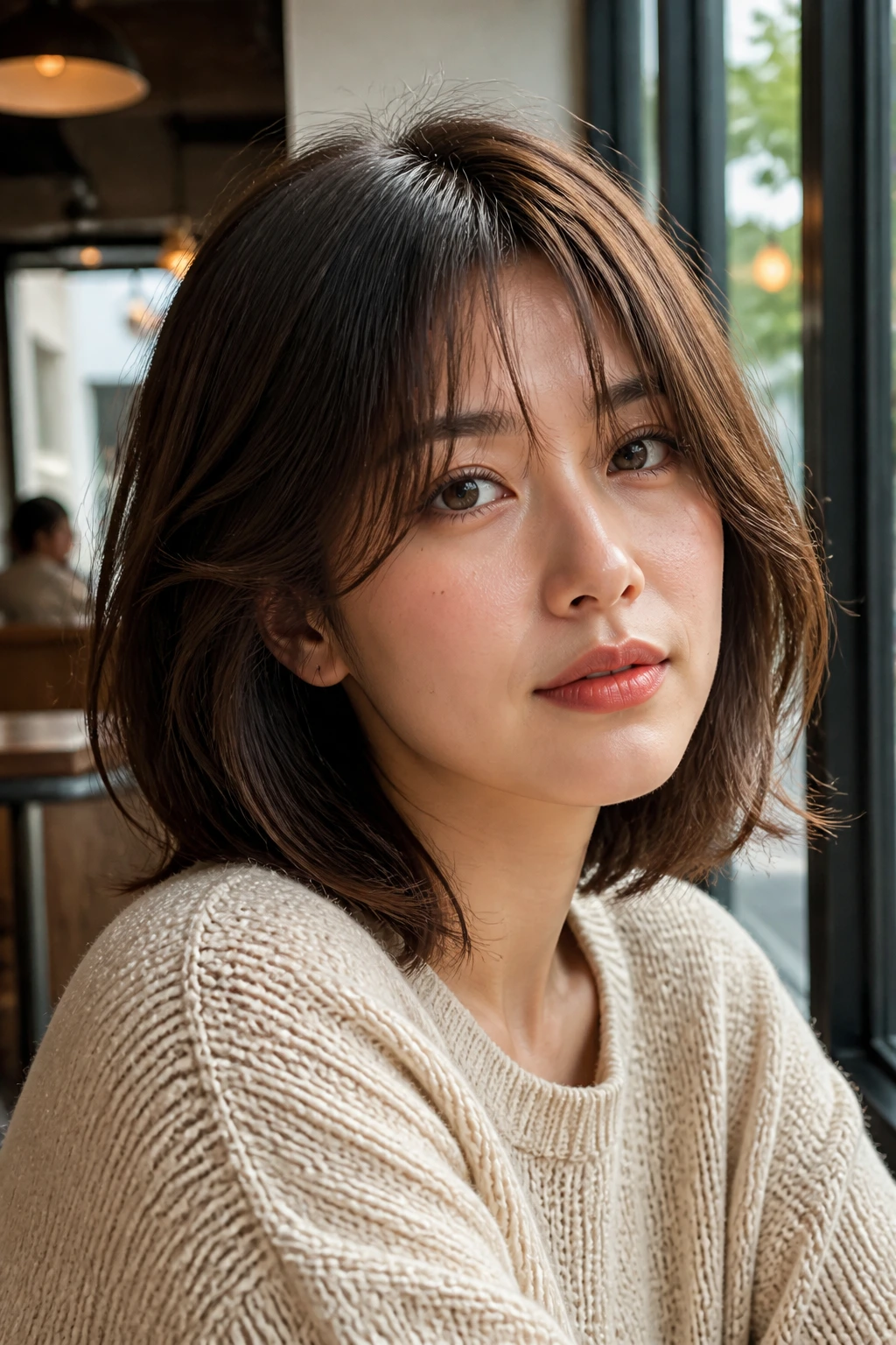 Portrait of a real woman with a grow-out bob and blended bangs in a cafe setting.