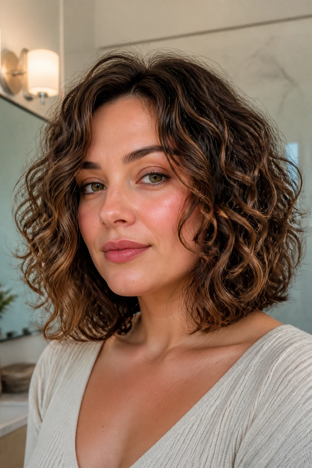 Real woman with a shoulder-length grow-out bob showing soft layering and perimeter.