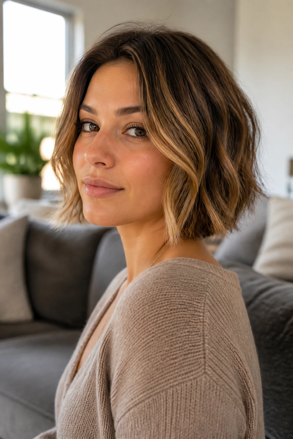 Close-up of a real person with grow-out bob and soft low-maintenance shape