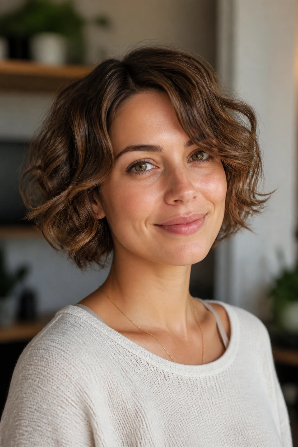 Portrait of woman with Softer Grow-Out Bob in a cozy room