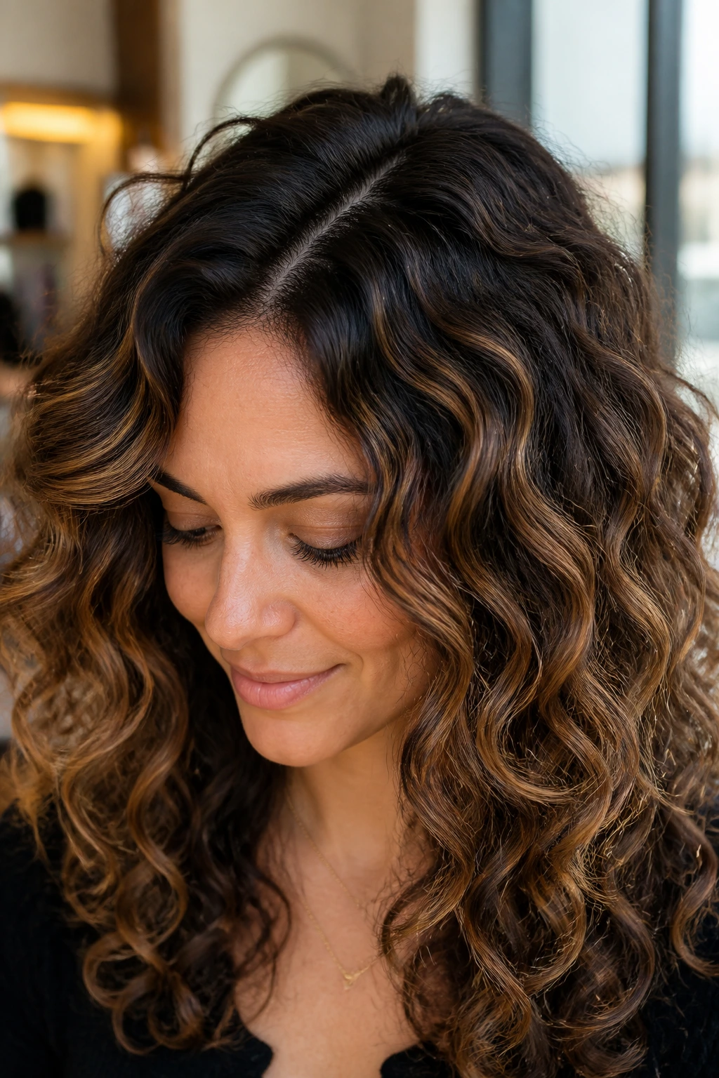 Close-up of a real woman with brunette balayage grow-out showing defined ribbons and root depth