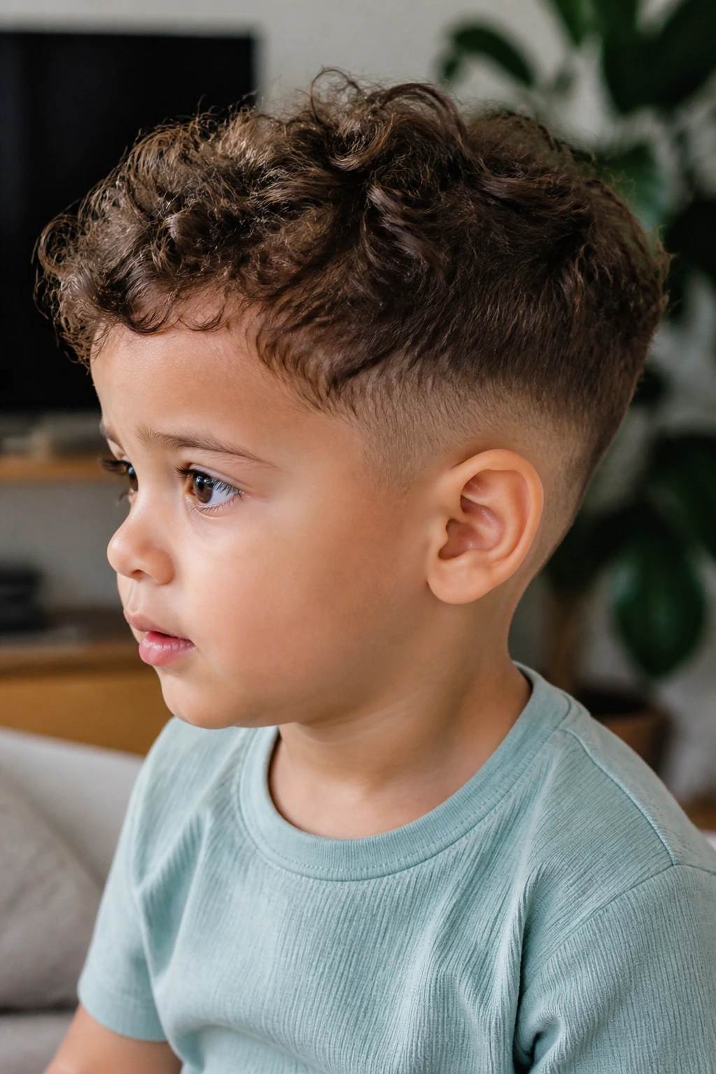 Close-up of toddler with layered top and gentle taper on sides