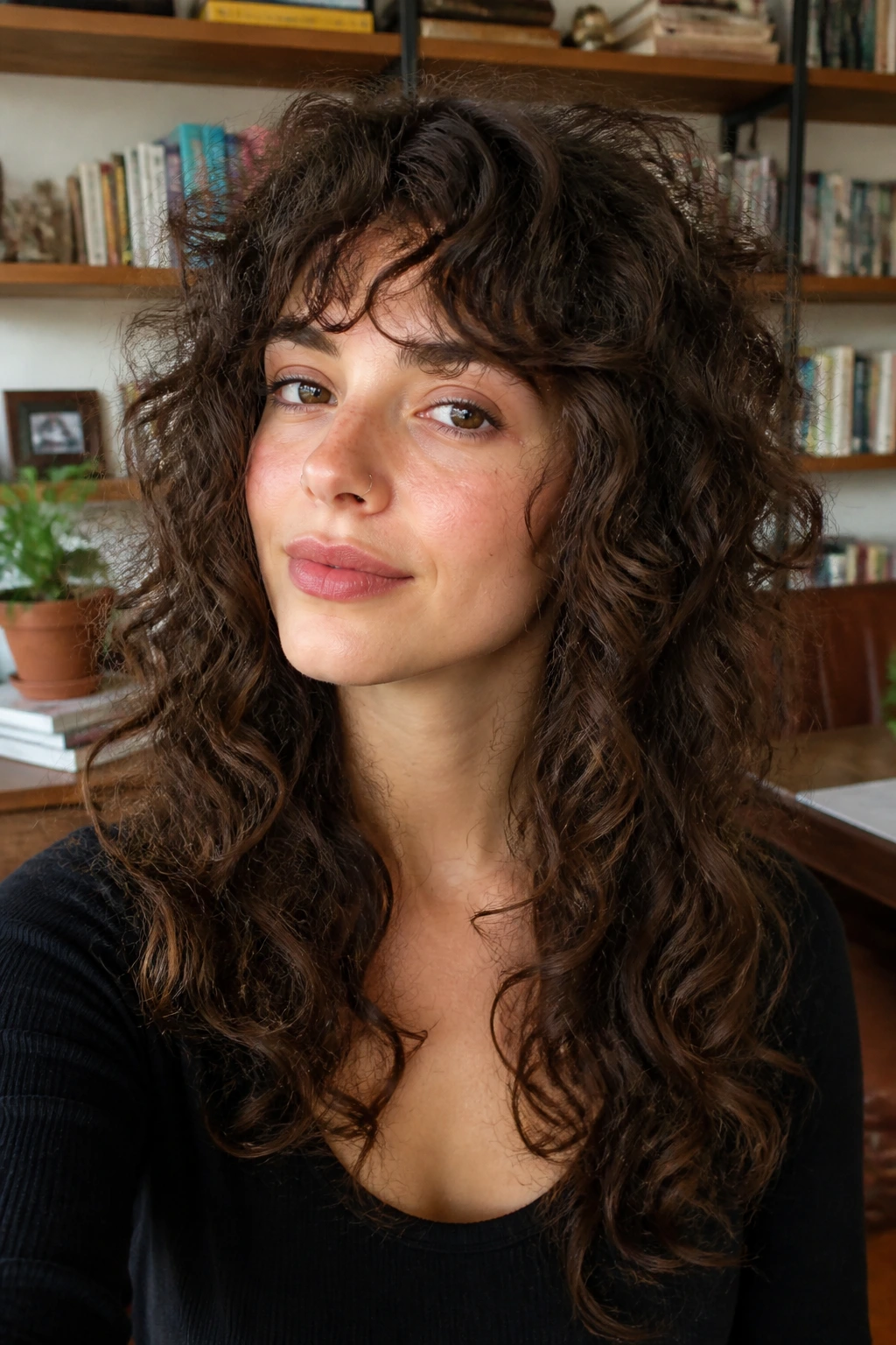 Close-up portrait of a real woman with grow-out curly shag and soft layered ends