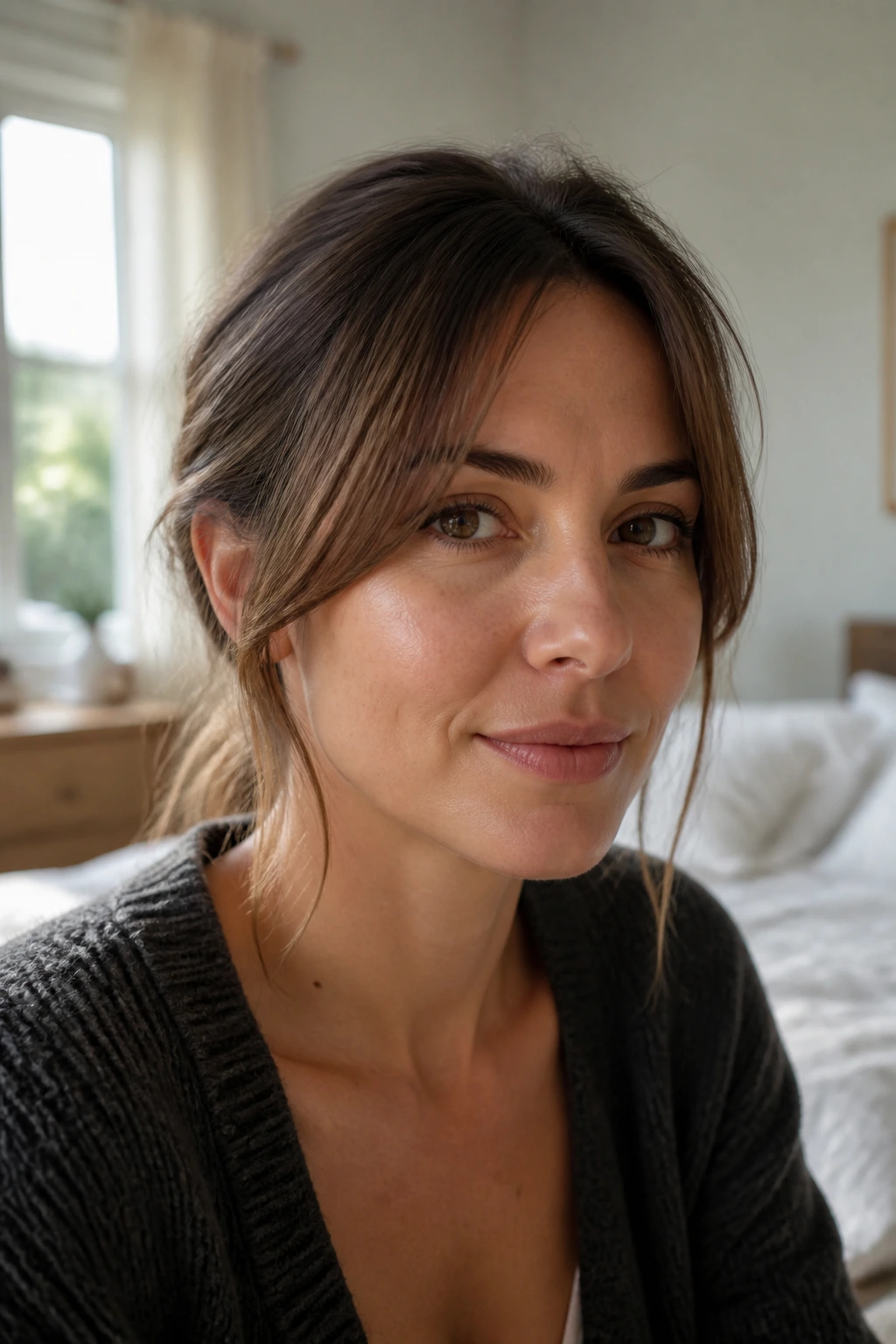 Portrait of a real woman with grow-out curtain bangs and soft center