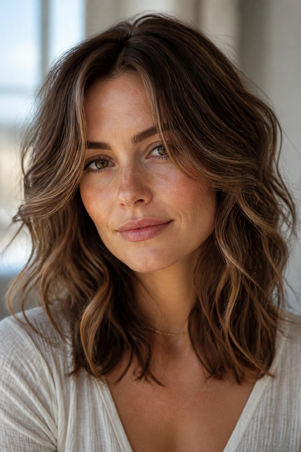 Portrait of a real woman with a collarbone-length grow-out cut