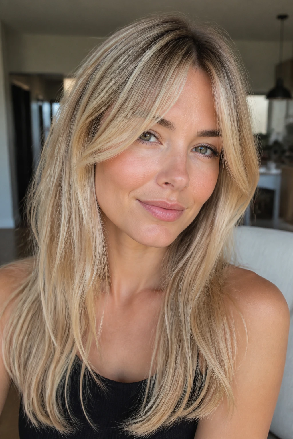 Close-up of a woman with long layers and seamless bangs in a grow-out cut at home