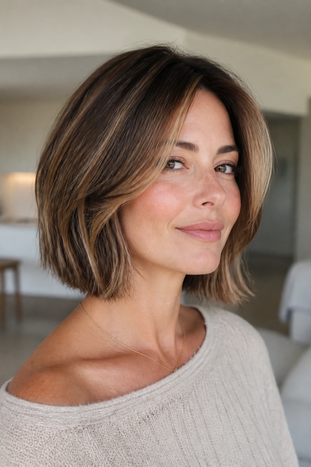 Close-up portrait of a real woman with a soft face-frame grow-out cut