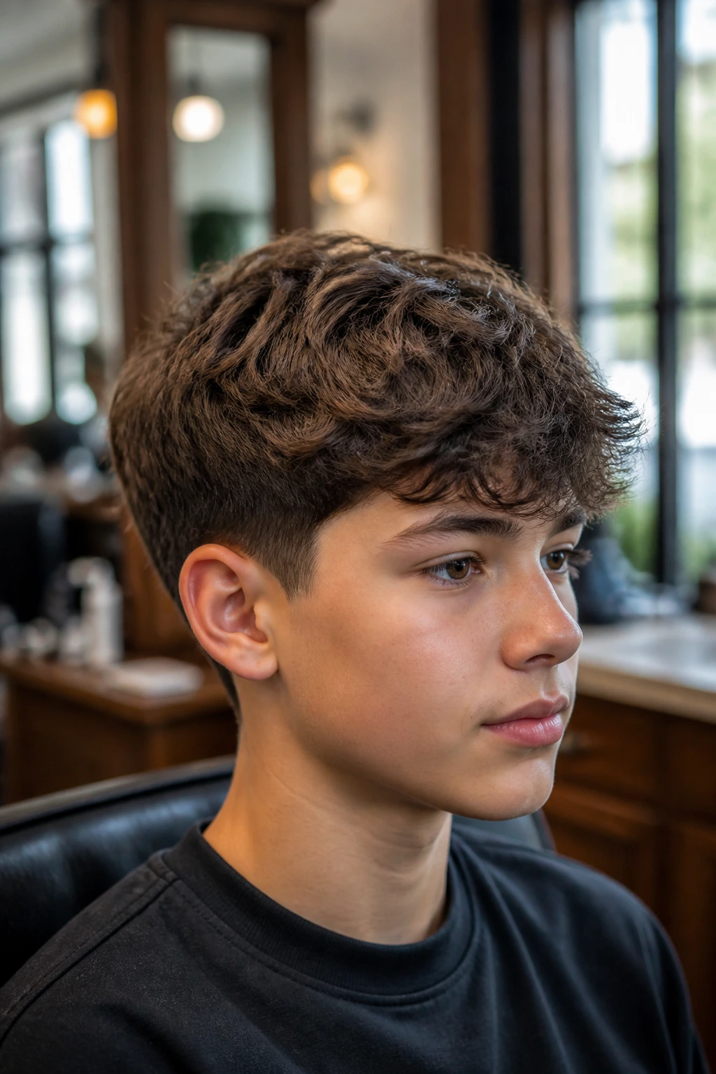 Close-up portrait of a real boy with a grow-out cut featuring a longer top and clean edges.