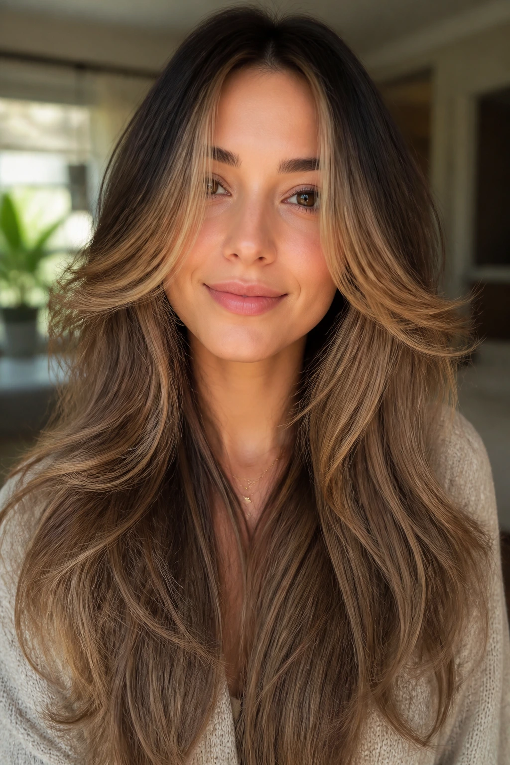 Portrait of a real woman with grow-out-friendly feather layers blending into long hair.