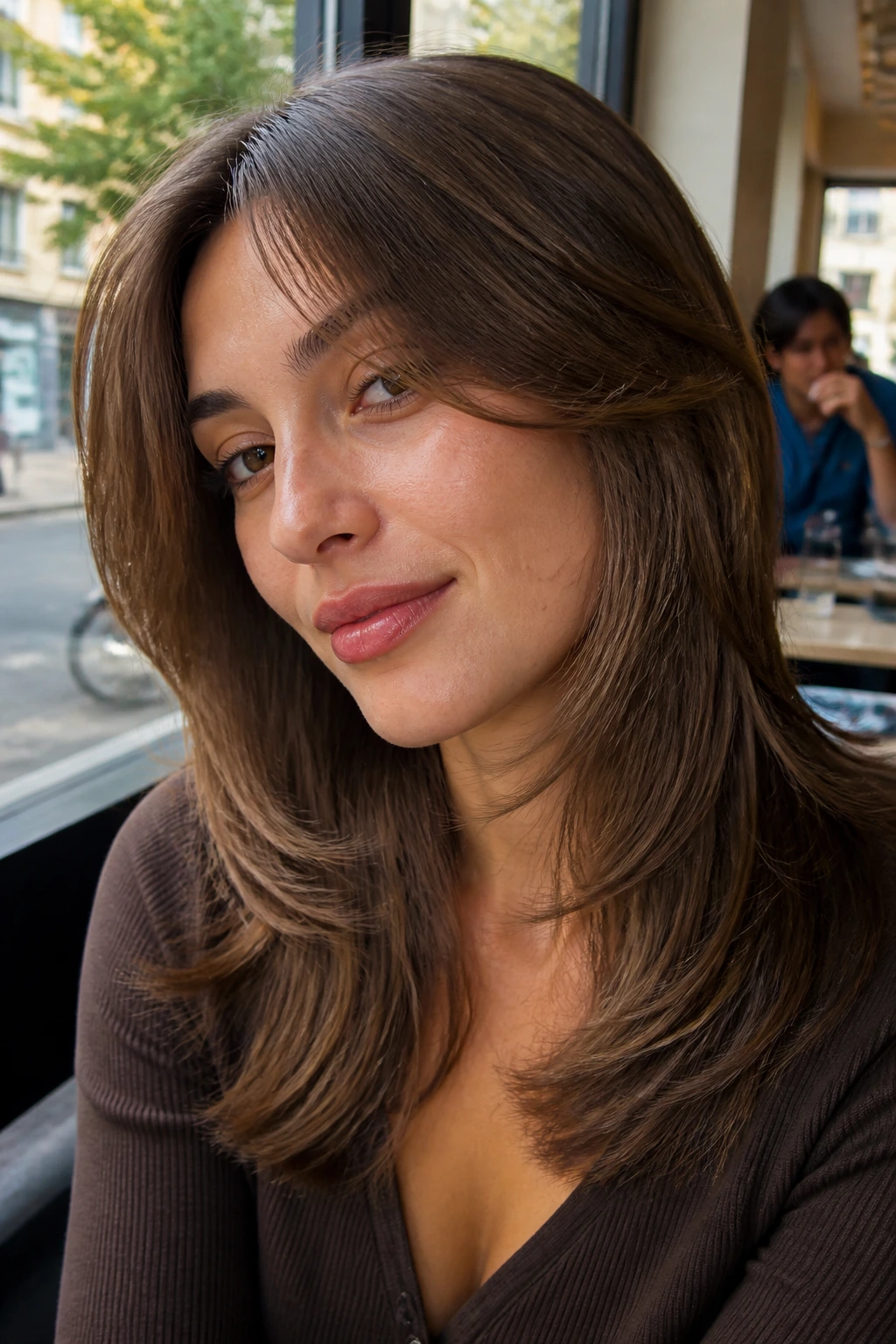 Woman with low-maintenance grow-out feathering showing blended growth