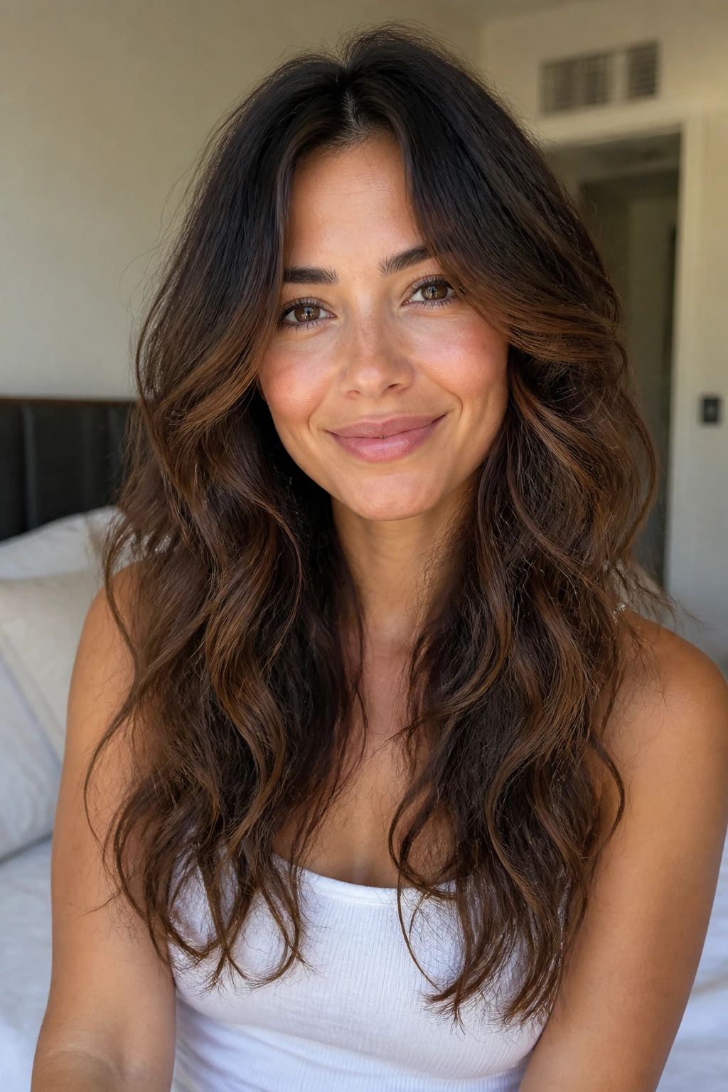 Portrait of a real woman with long blended grow-out friendly layers