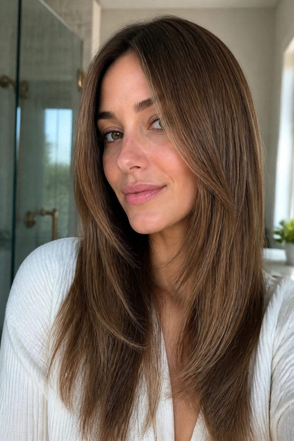 Close-up of a real woman with grow-out friendly layers framing the face