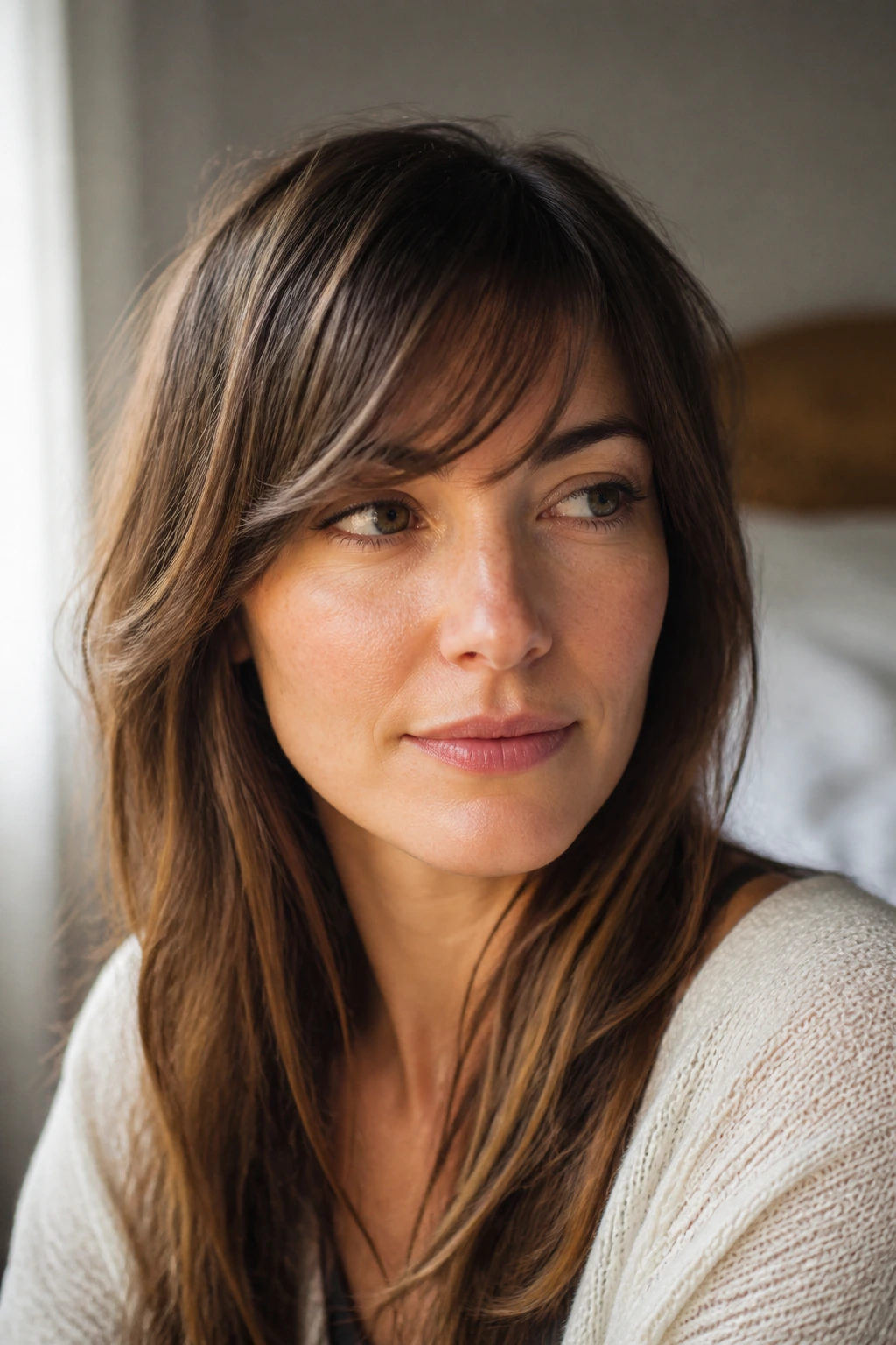 Close-up portrait of a woman with a long fringe in a grow-out stage