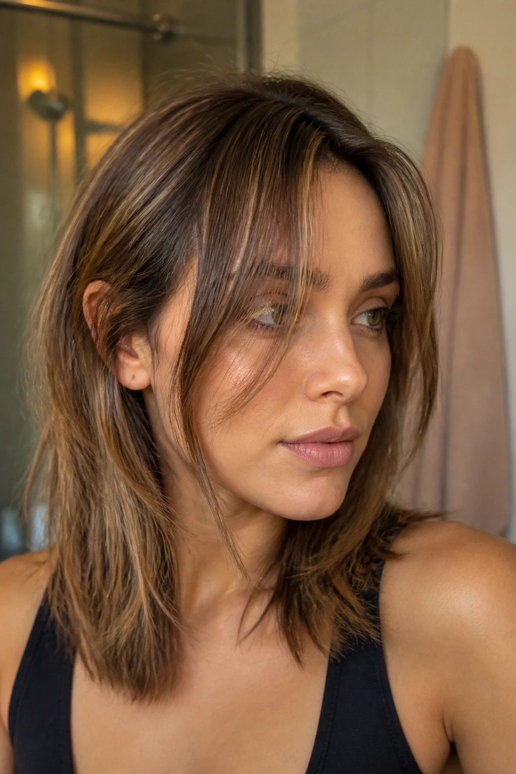 Portrait of a person with growing-out fringe and layered sides
