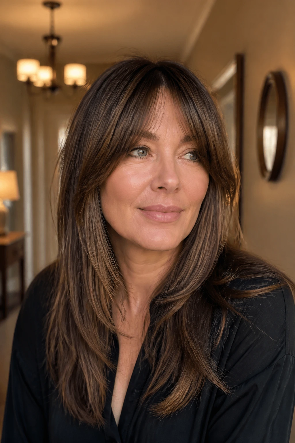 Close-up of a real woman with grow-out friendly fringe evolving into layers