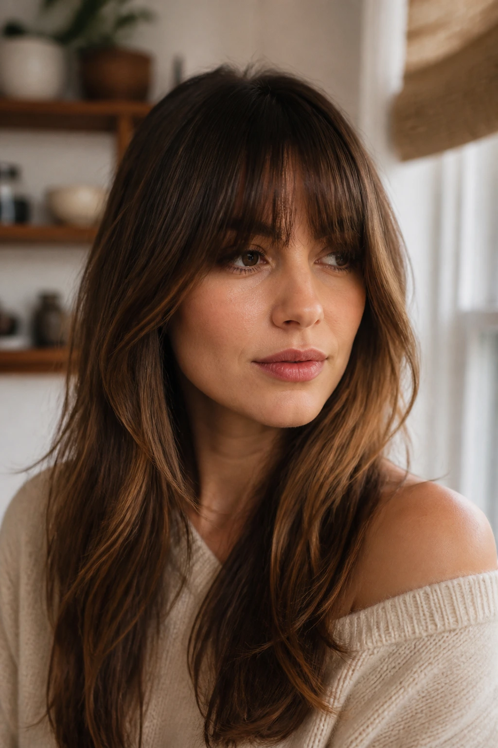 Portrait of a real person with a grow-out fringe and curtain pieces at the sides