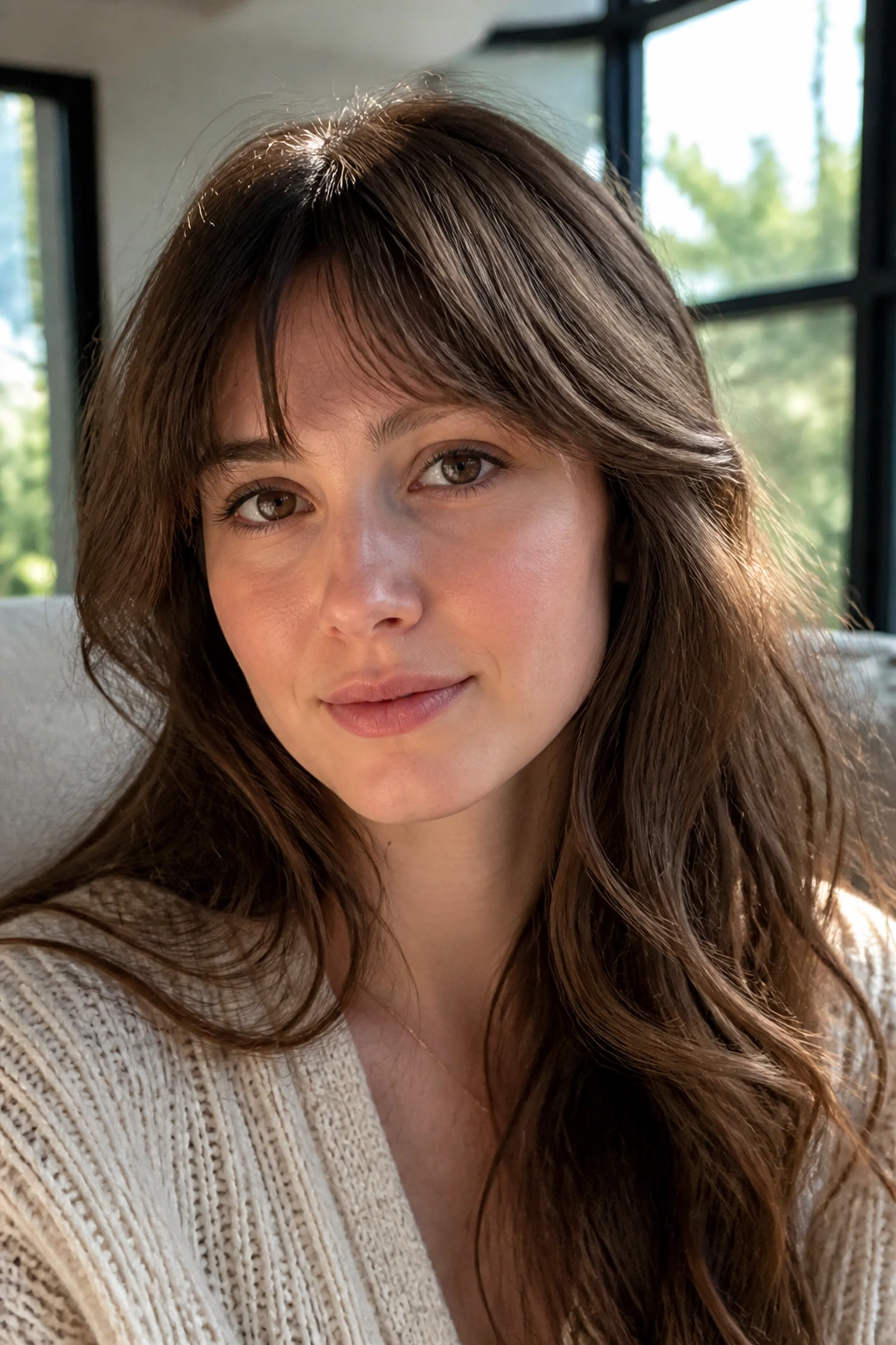 Portrait of a woman with a soft grow-out fringe showing longer center and feathered temples