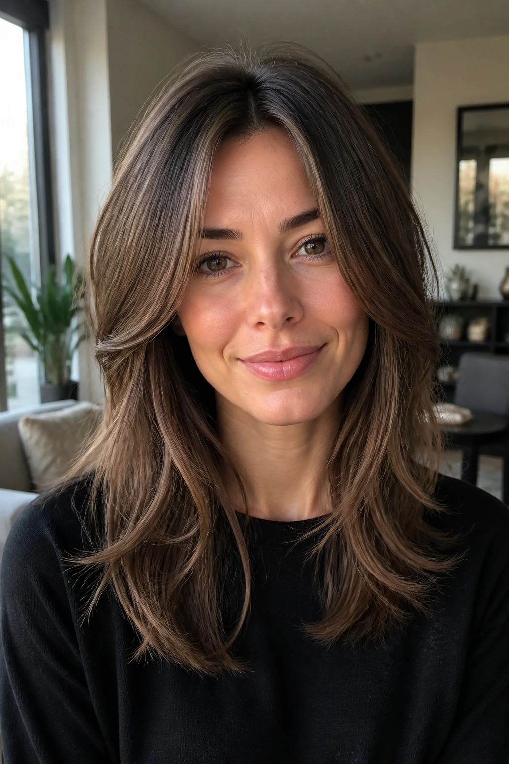 Close-up of a real woman with long face-framing layers and a softened outer perimeter for grow-out cut.