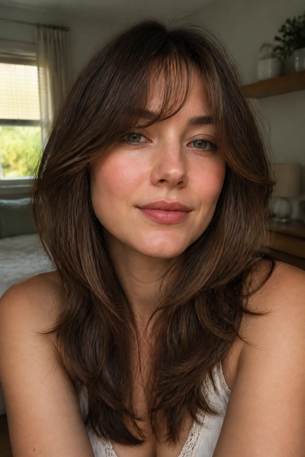 Real woman with layered cut and soft fringe in a cozy bedroom, natural light
