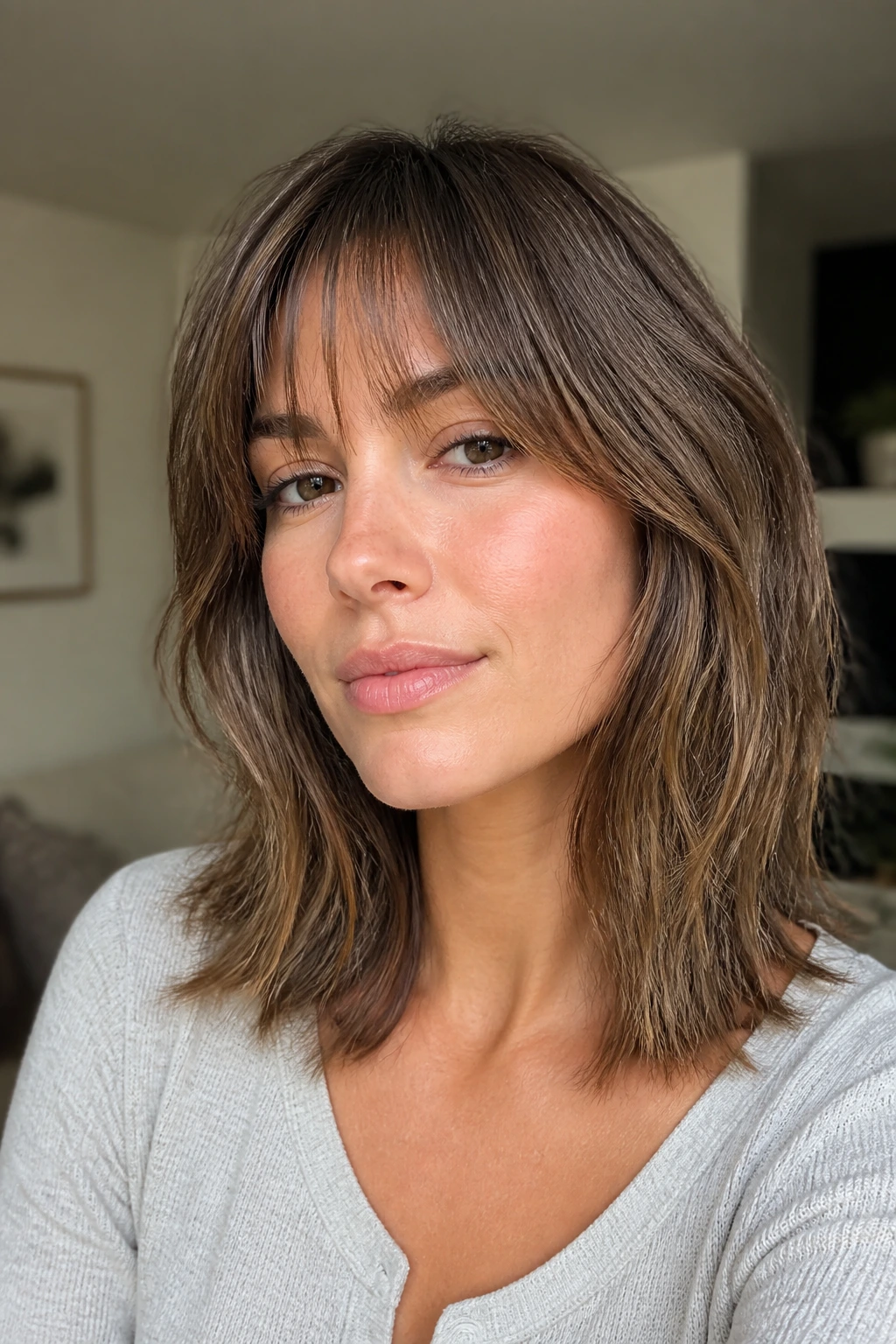 Portrait of a real woman with growing-out bangs and soft layers