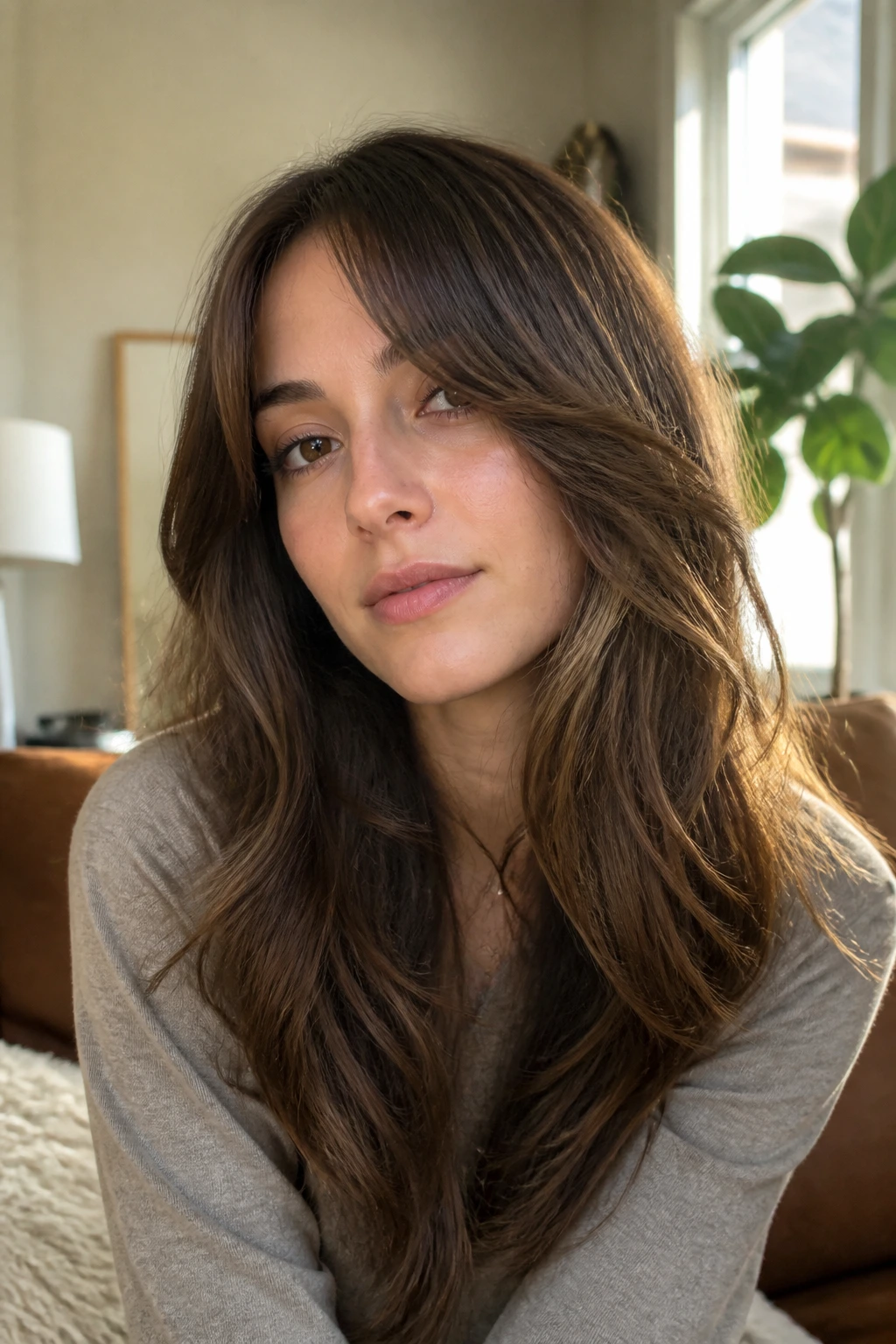 Close-up of a real woman with long bangs and grow-out layers