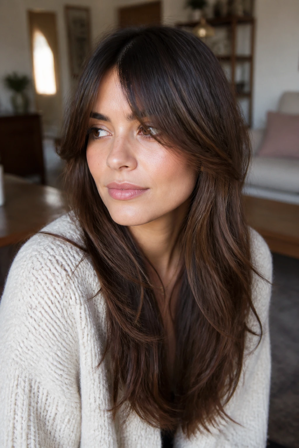 Portrait of a person with long curtain bangs blending into grow-out layers