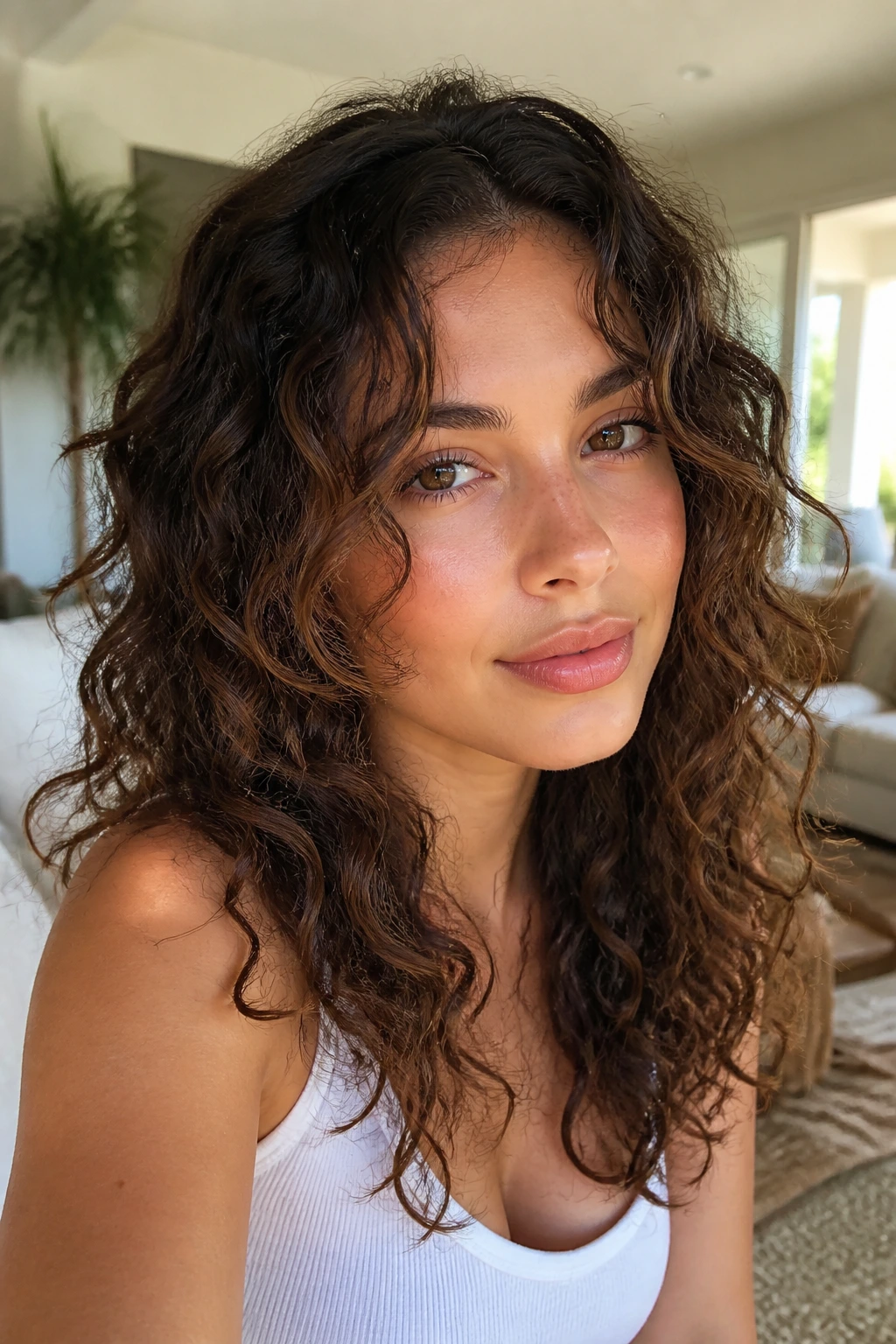 Close-up of a real woman with grow-out friendly face-framing layers near cheek and mouth.