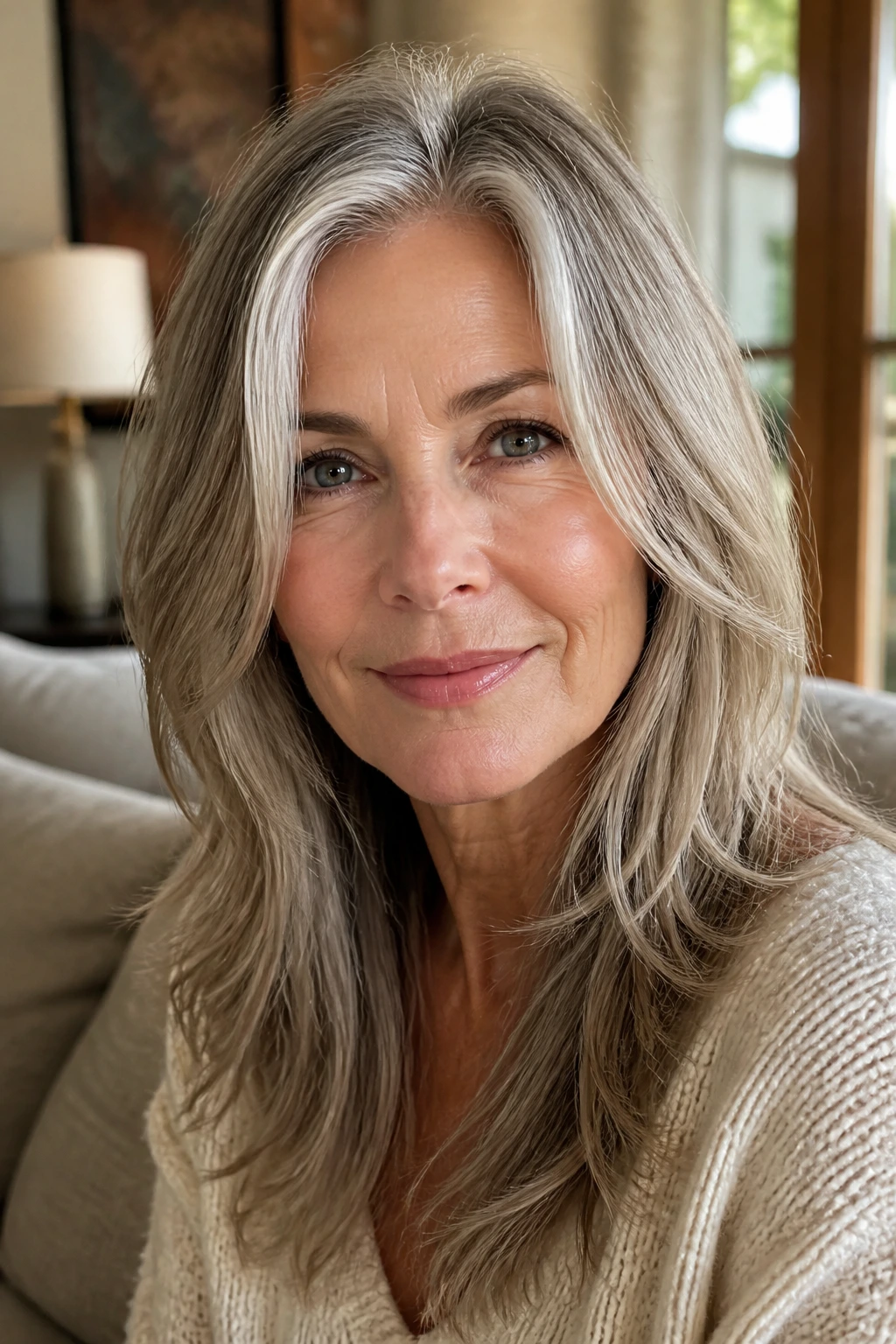 Close-up of a real woman with soft face-framing grow-out layers in a cozy living room