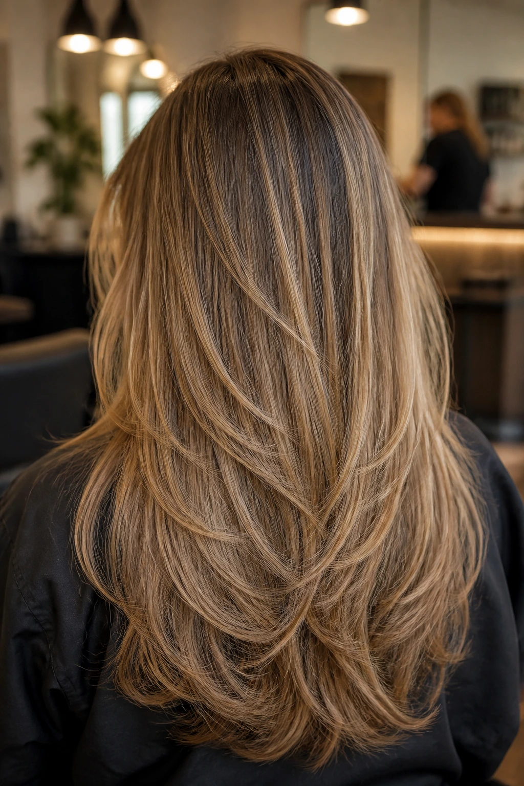 Back view of a real person with long layered hair