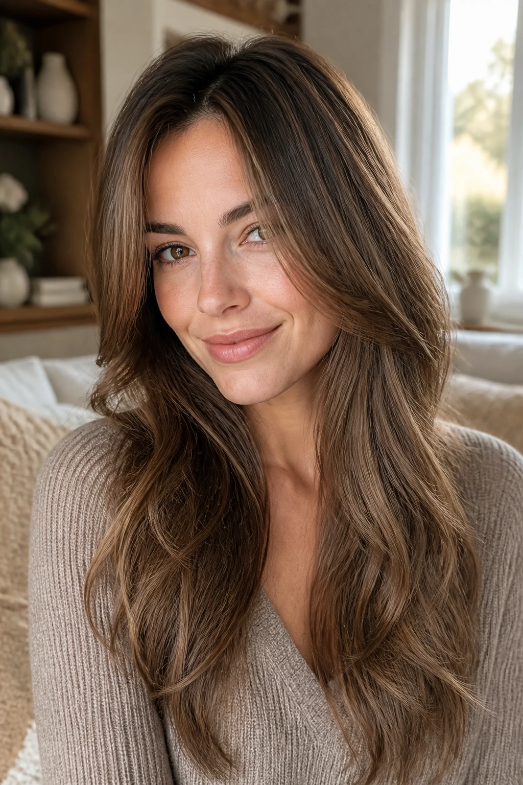 Close-up of low-maintenance grow-out layers on a real person