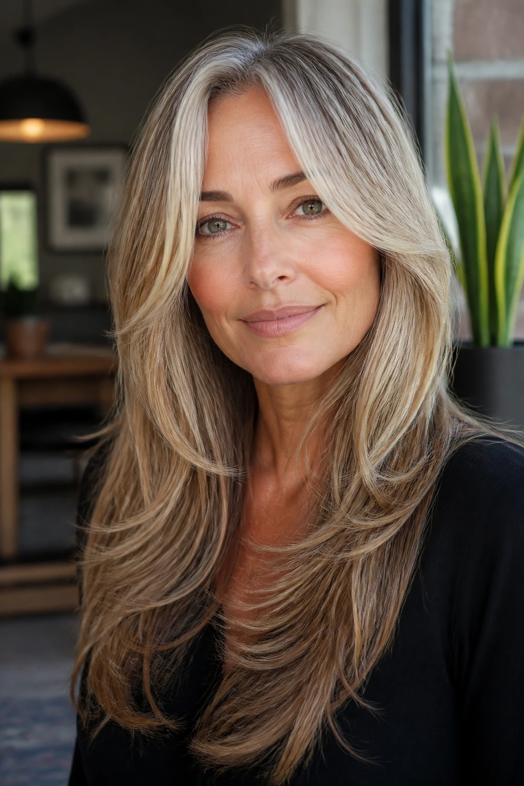 Portrait of a woman with long hair featuring seamless grow-out-friendly layers.