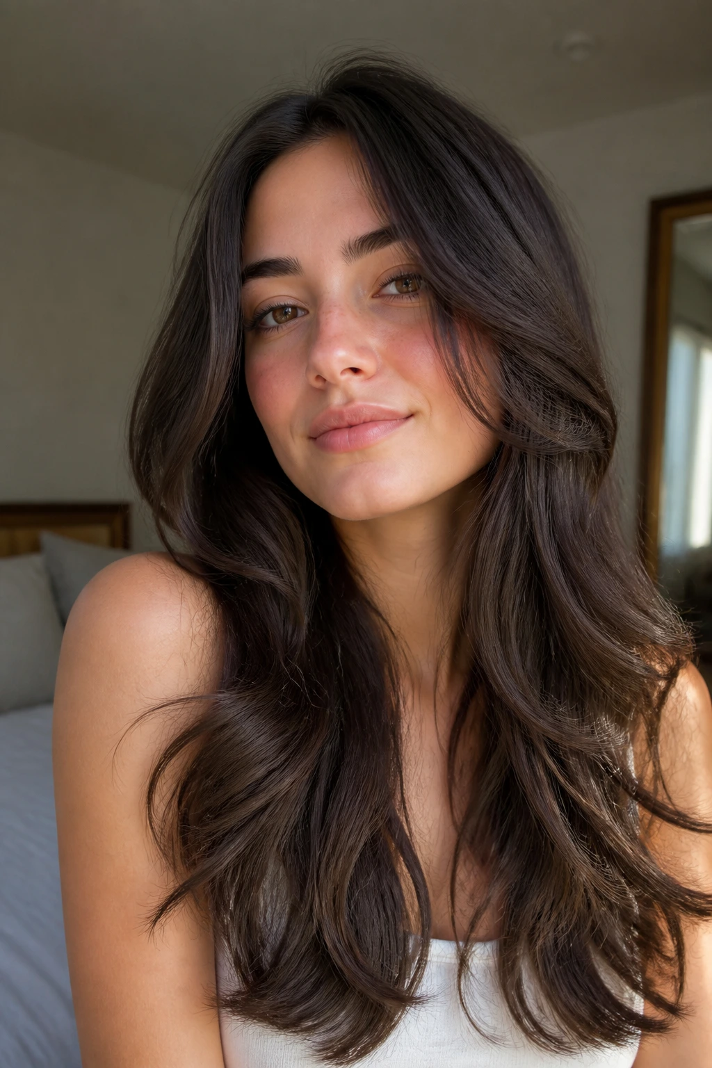 Close-up of a real woman with long thick hair showing grow-out layers around the face