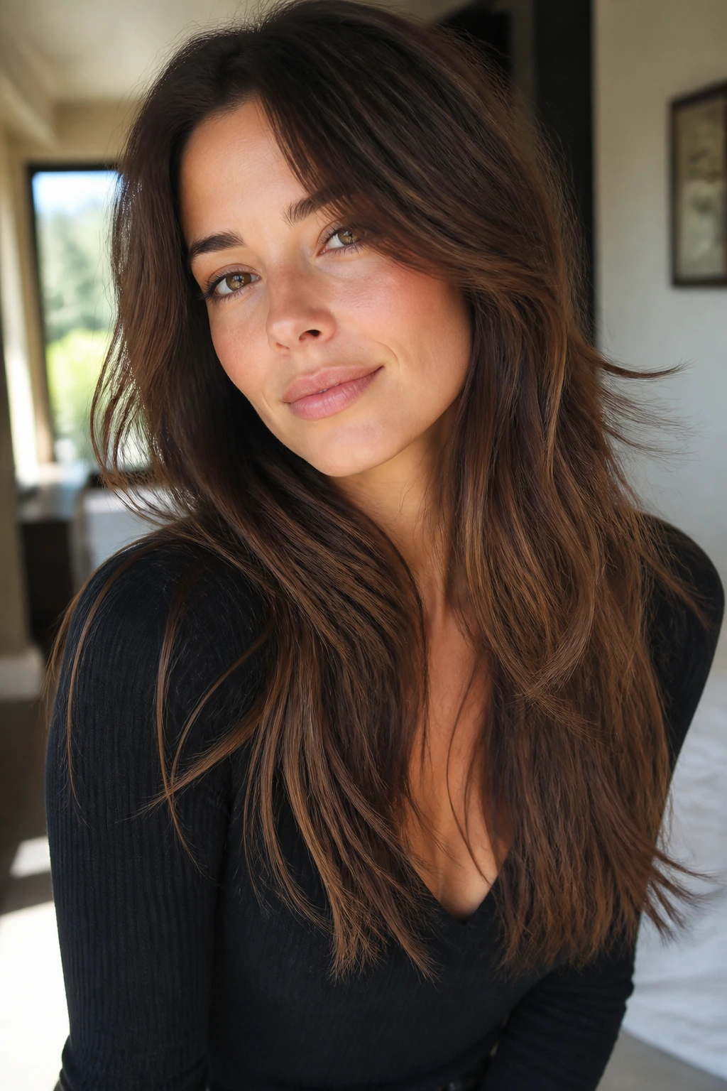 Portrait of a woman with long hair and subtle grow-out layers below the cheekbones