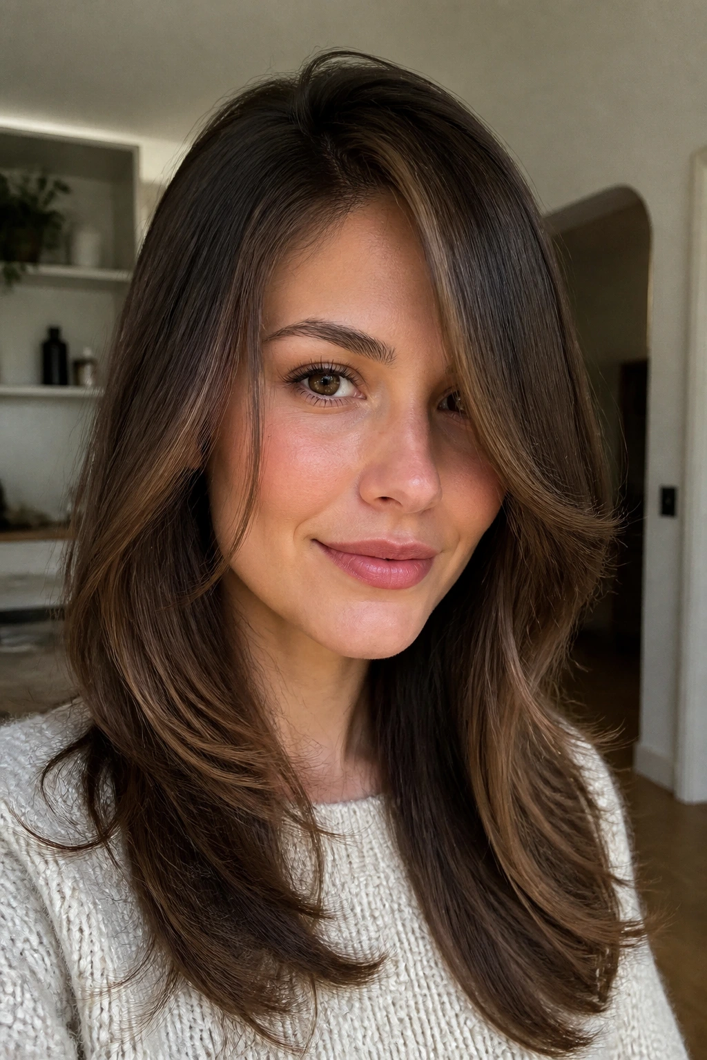 Close-up portrait of a woman with grow-out-friendly layers that stay neat.