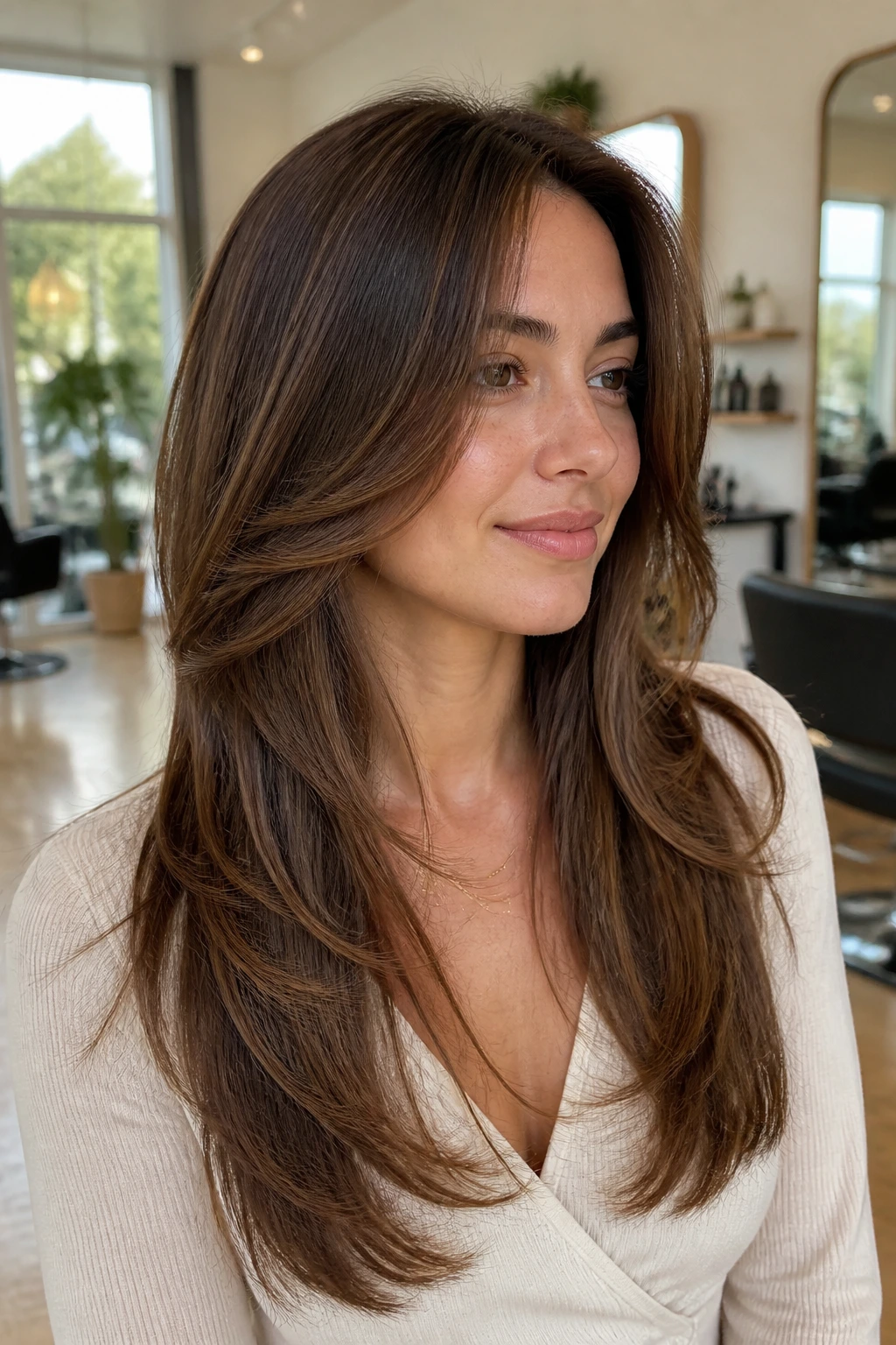 Portrait of a real woman with long, blended face-framing layers.