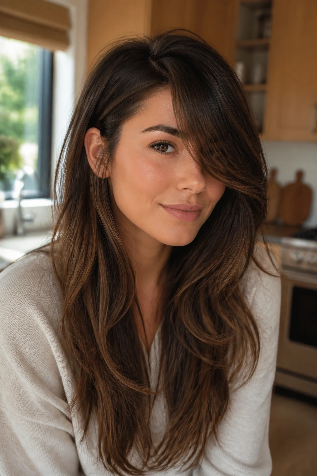 Close-up of a real woman with long layered hair and a tuck-behind-ear fringe