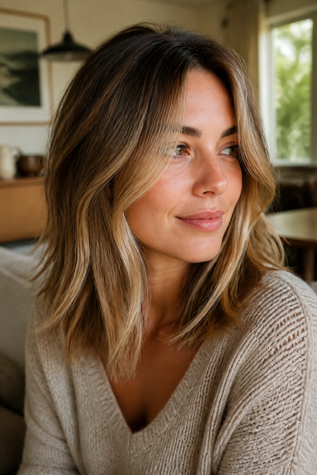 Portrait of woman with long grow-out lob and blended front pieces in warm daylight