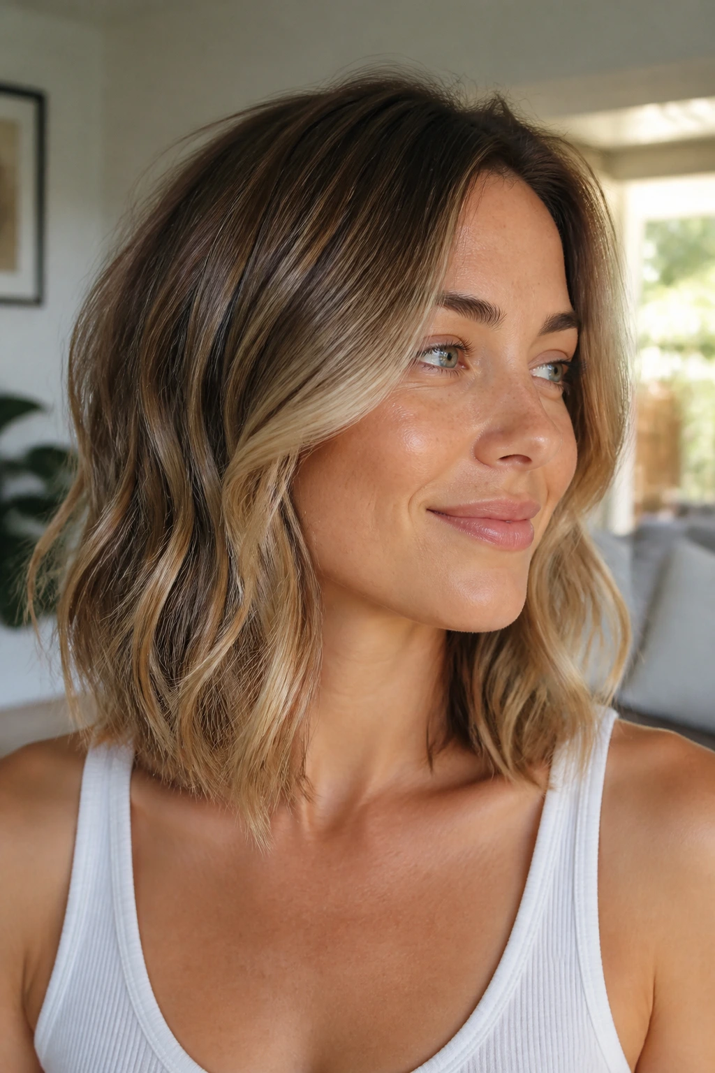 Close-up of a woman with grow-out lob for fine hair in sunlight