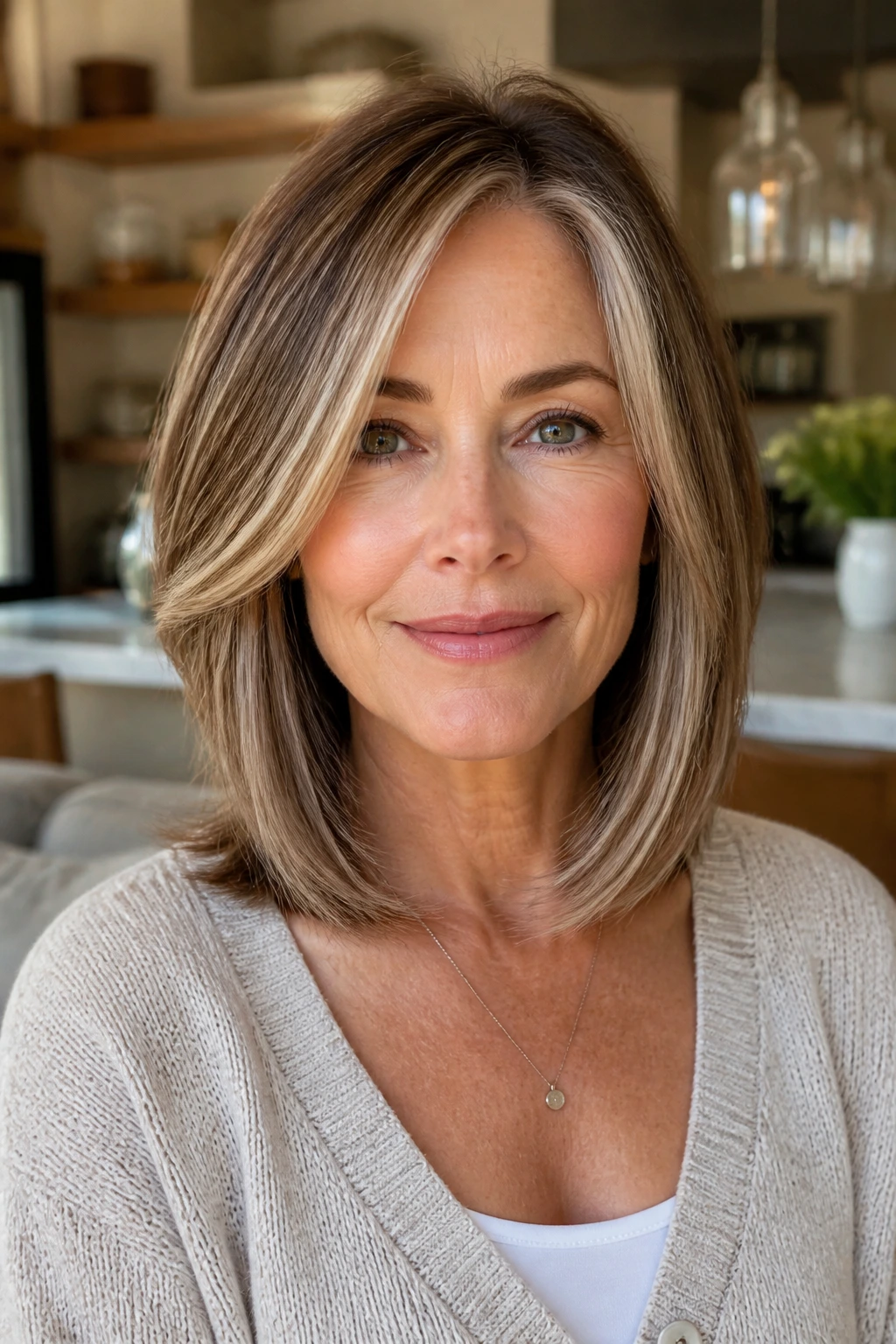 Close-up portrait of a real woman with a grow-out lob and seamless layers