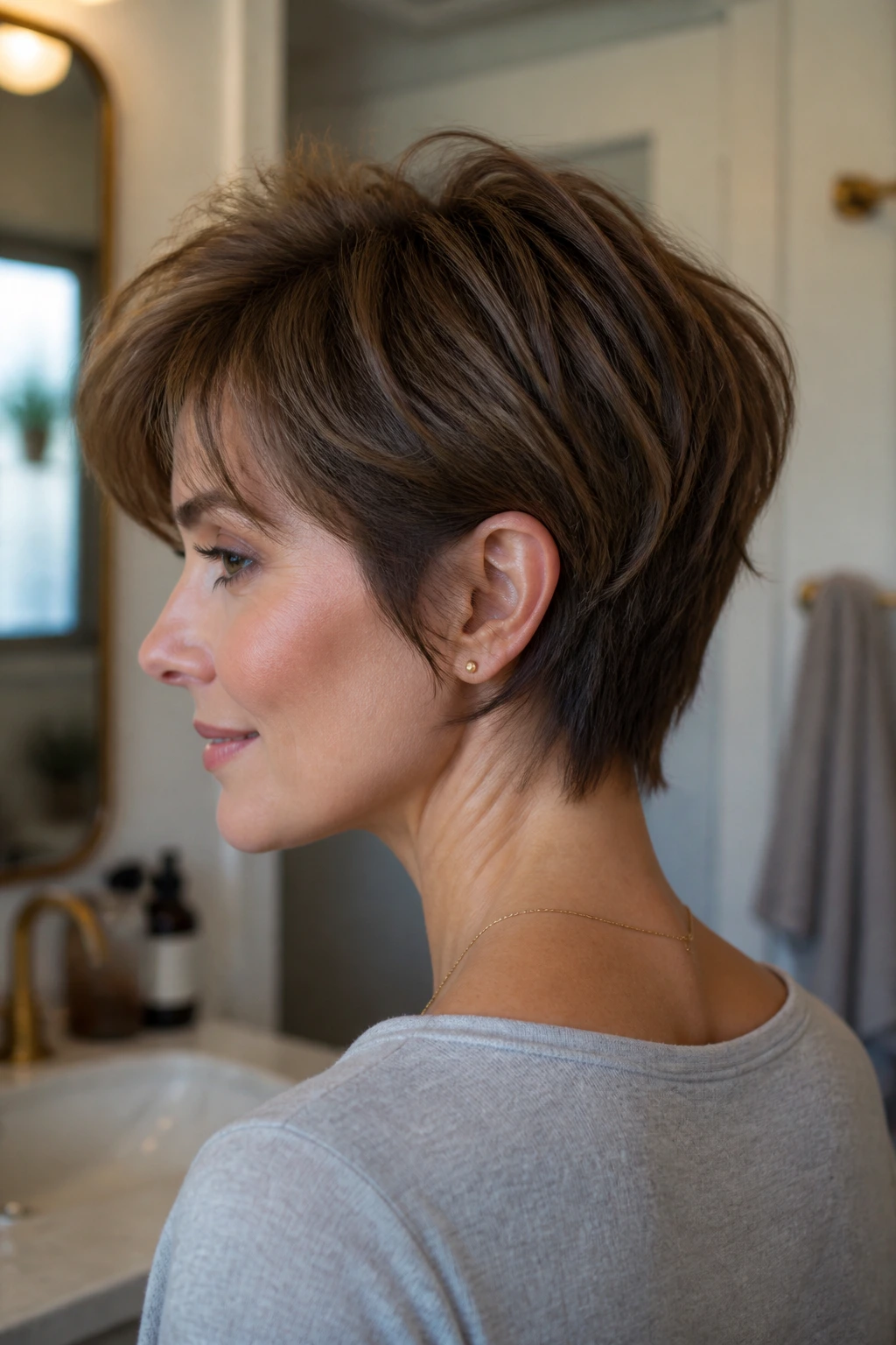 Close-up of a short-haired woman showing grow-out at crown and nape