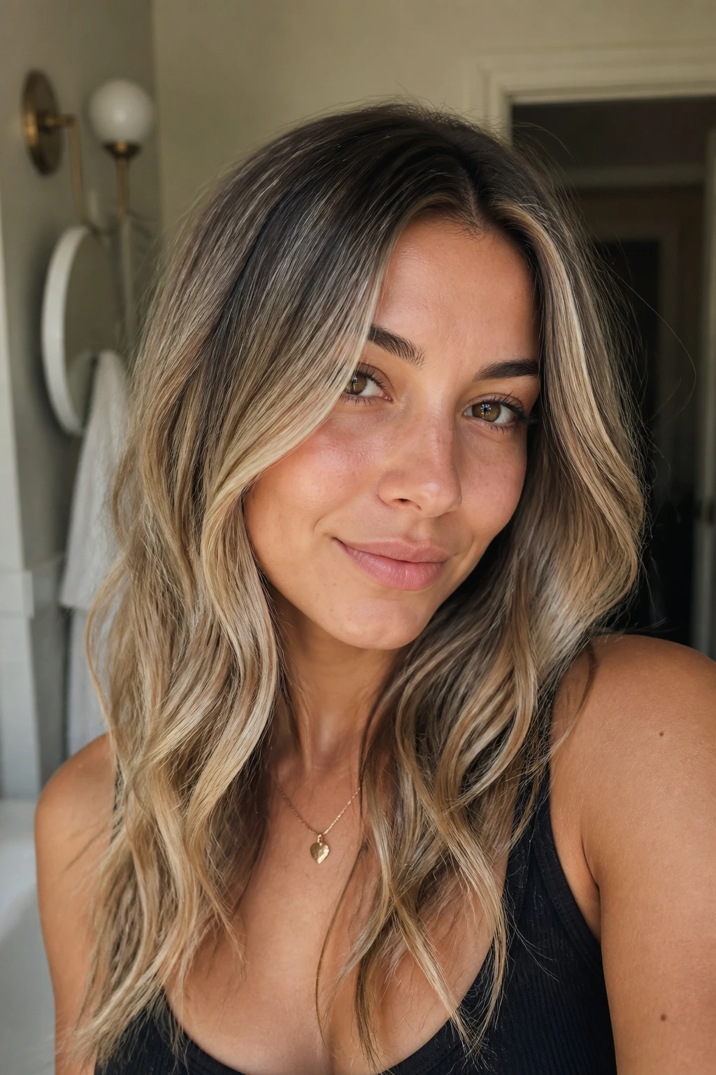 Close-up of a real person showing root depth and neutral blonde toner in a cozy bathroom.