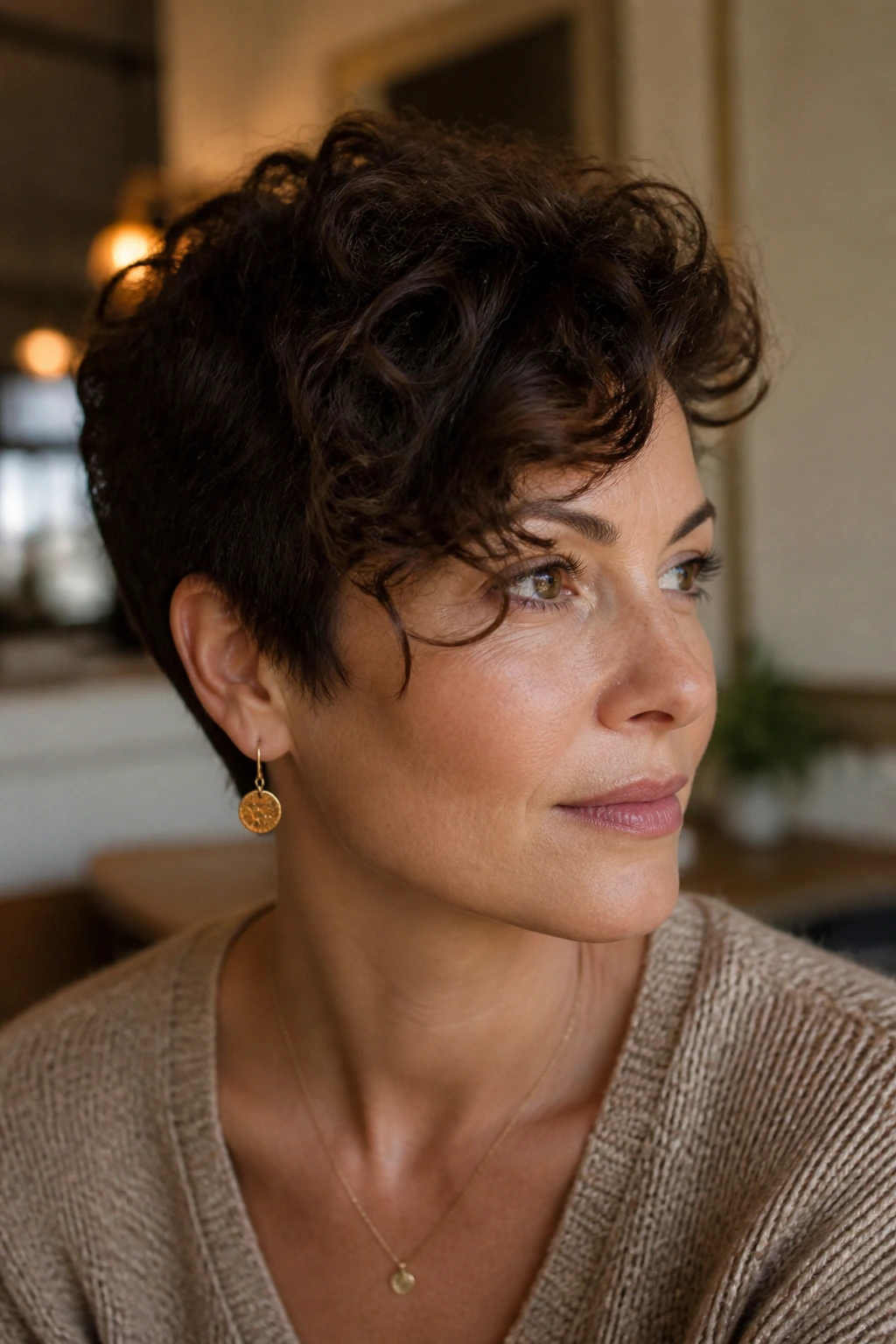 Portrait of a woman with grow-out friendly long pixie in a sunny home interior